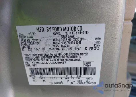 2012 Ford Escape Xlt из США, поврежденный, VIN 1FMCU0D79CKC59437